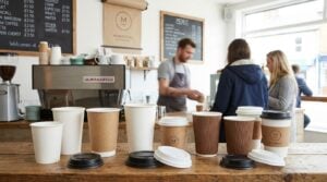 Different paper coffee cups with lids and sleeves for UK coffee shops and takeaway businesses
