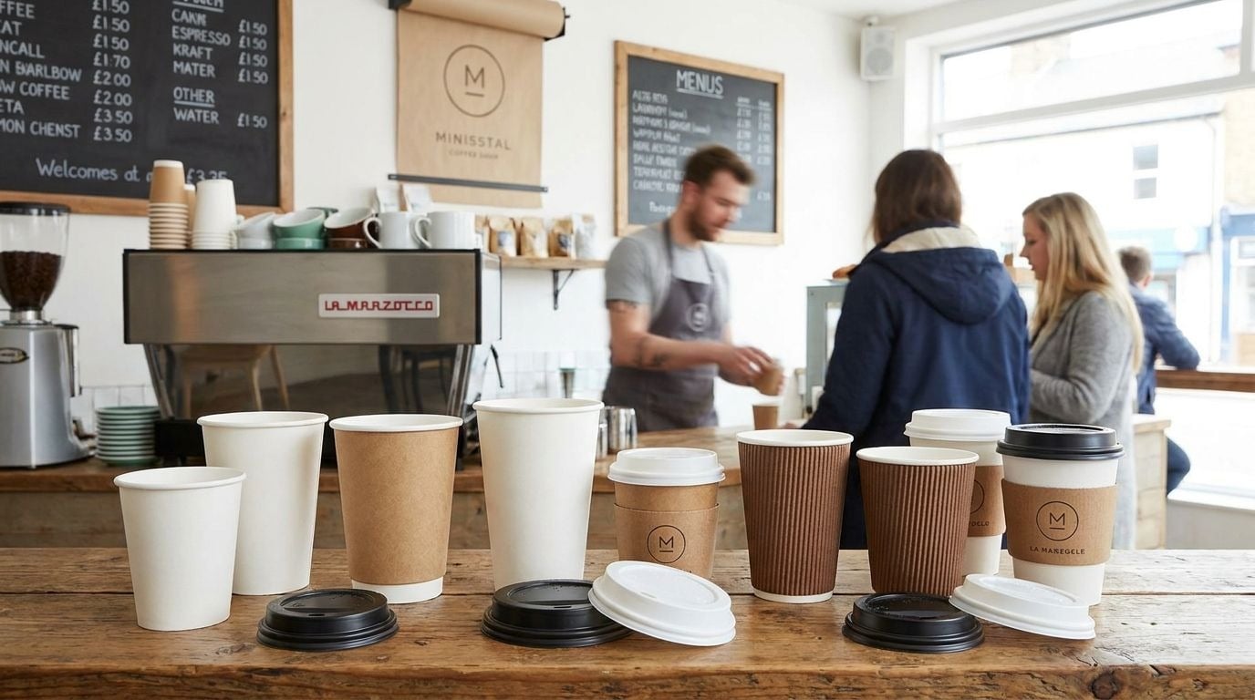 Different paper coffee cups with lids and sleeves for UK coffee shops and takeaway businesses