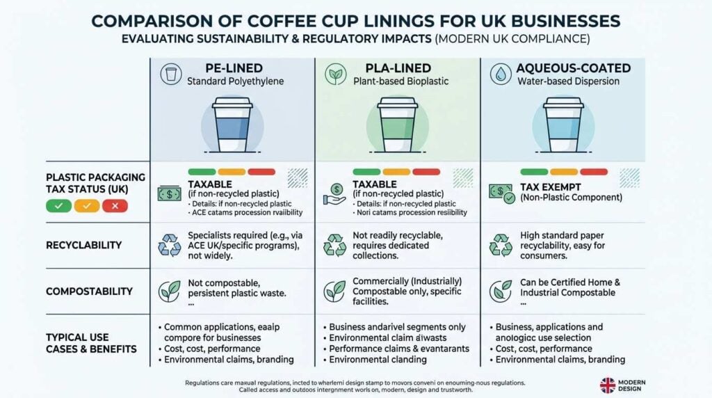 Paper Coffee Cups with Lids: What to Look for When Buying in Bulk UK 1 Comparison of PE-lined, PLA-lined, and aqueous-coated paper coffee cups with PPT and recyclability differences.