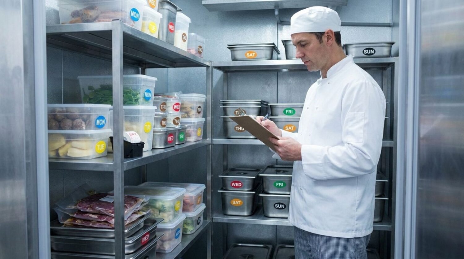 Commercial kitchen walk-in fridge with food date labels and HACCP compliance system