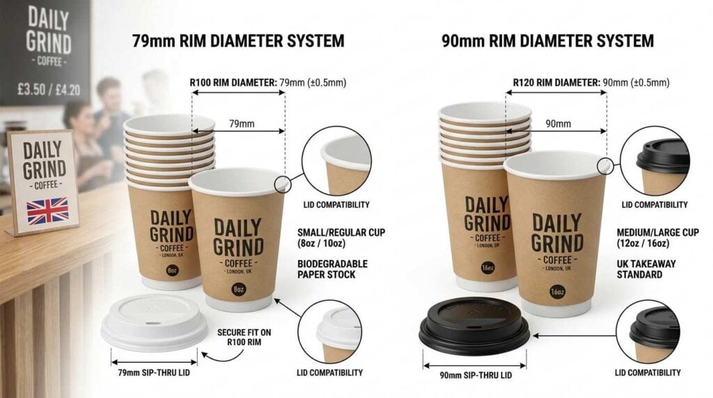 Paper Coffee Cups with Lids: What to Look for When Buying in Bulk UK 2 Diagram showing 79mm and 90mm paper coffee cup rim diameters and compatible lids