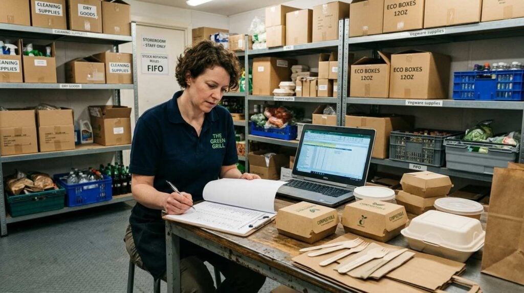 Hospitality manager auditing packaging stock before switching
