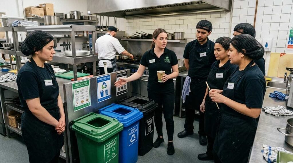 Hospitality staff training for compostable packaging disposal