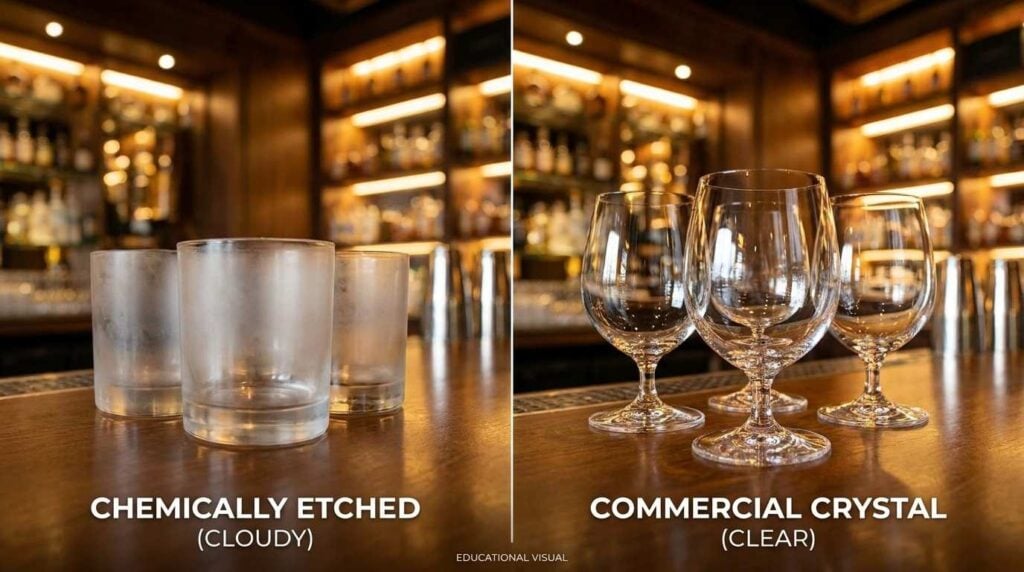 Cloudy etched restaurant glasses beside properly maintained clear glassware