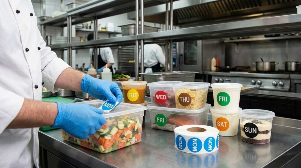 Day-dot colour coded food labelling system in UK commercial kitchen