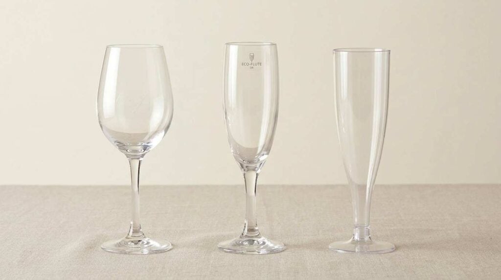 Comparison of real glass hire, reusable polycarbonate, and disposable plastic wedding glasses