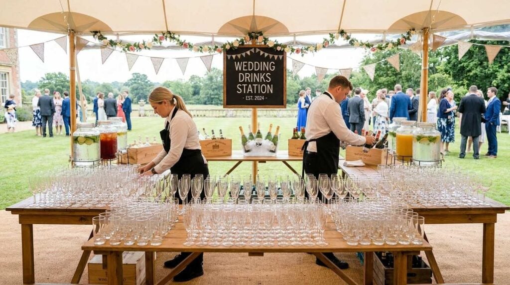 Large wedding drinks station with disposable champagne flutes prepared for guests