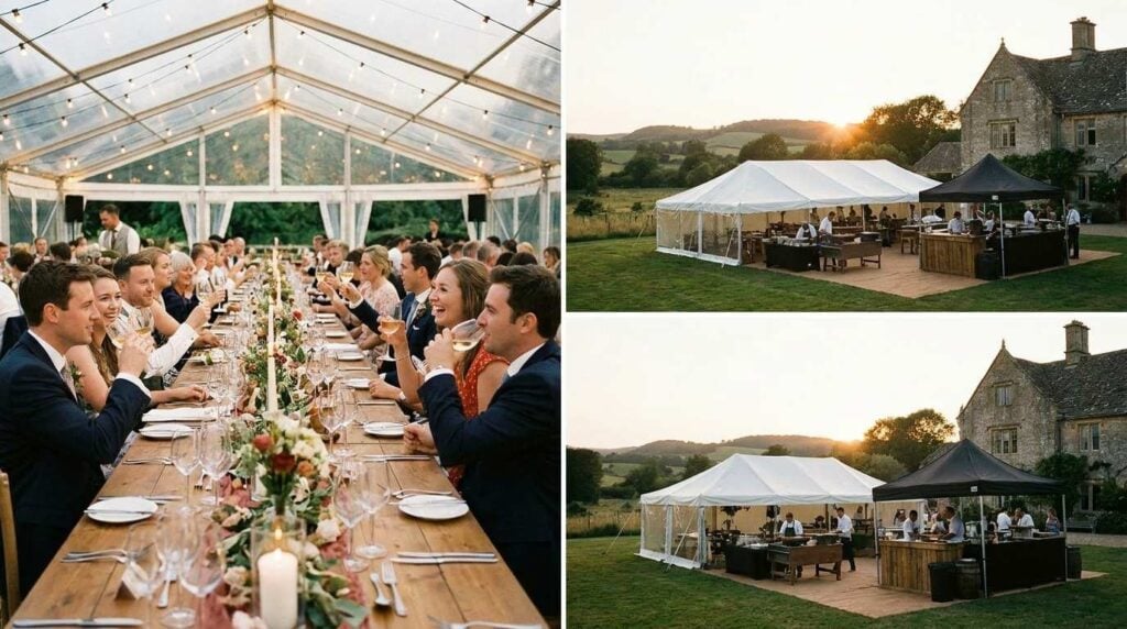 Reusable polycarbonate glasses used at a UK outdoor marquee wedding