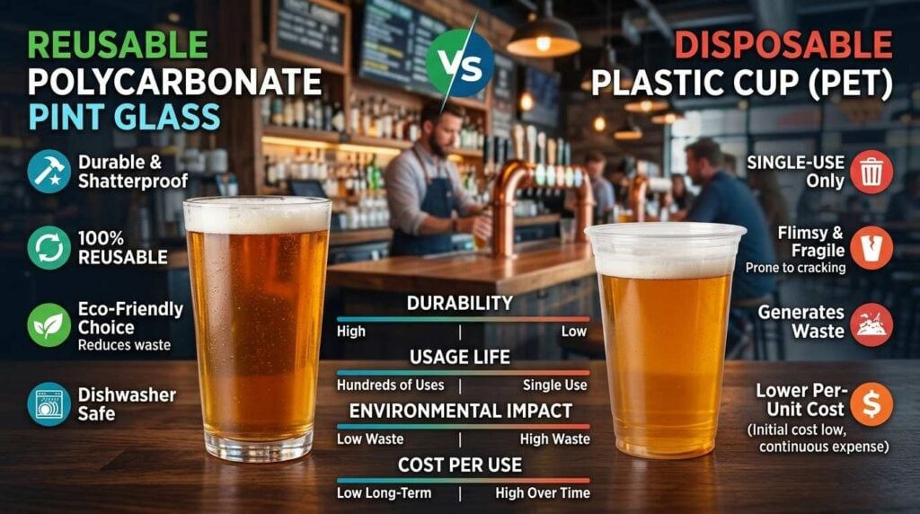 Reusable Plastic Glassware for Outdoor Events: Is It Worth It? 1 Comparison of reusable polycarbonate glass and disposable plastic cup