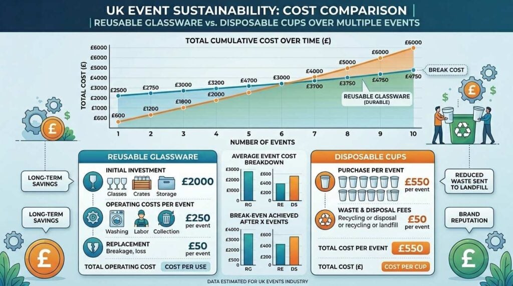Reusable Plastic Glassware for Outdoor Events: Is It Worth It? 2 Cost break-even comparison between reusable and disposable glassware over multiple events