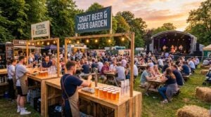 Outdoor UK event using reusable plastic glassware in a busy beer garden