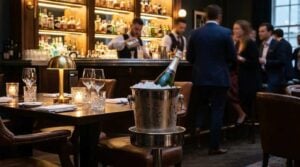 Stainless steel champagne ice bucket stand in a UK cocktail bar