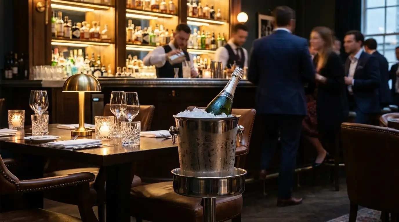 Stainless steel champagne ice bucket stand in a UK cocktail bar