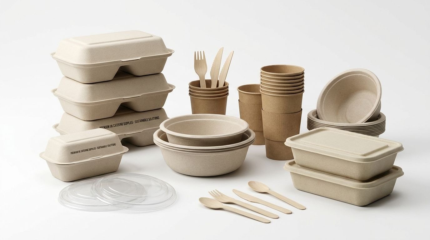 Compostable food packaging including bagasse boxes, kraft cups, moulded fibre containers and wooden cutlery for UK takeaway businesses