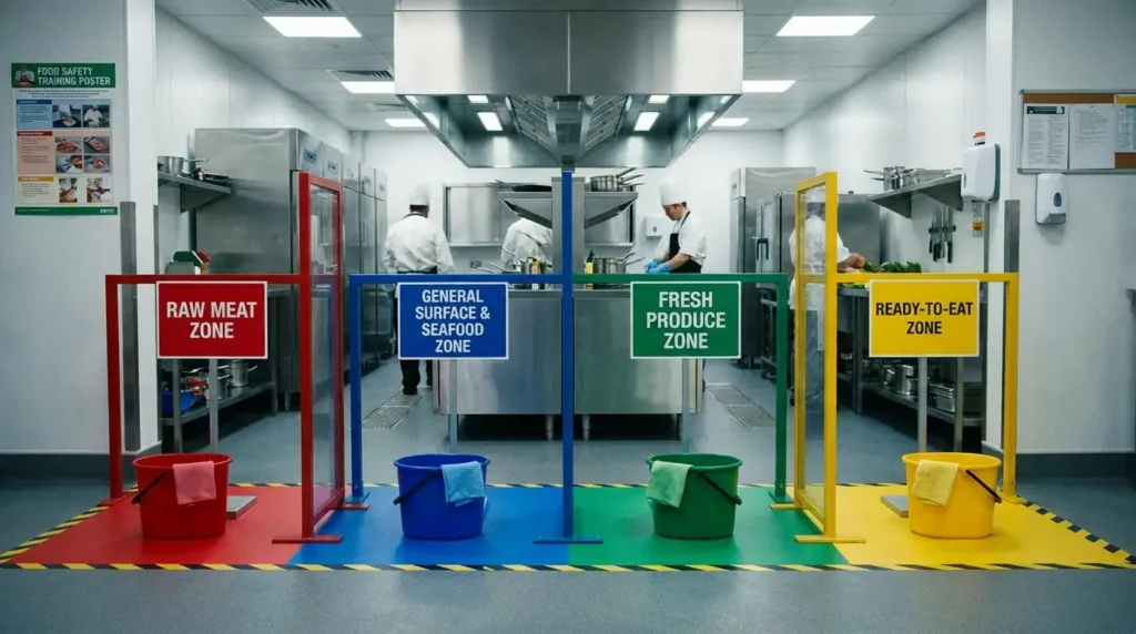 Red blue green and yellow cleaning cloths used in commercial kitchens