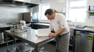 Chef completing a kitchen cleaning schedule in a UK commercial kitchen