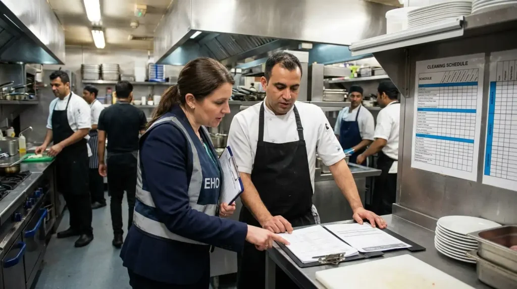 Environmental health officer reviewing kitchen cleaning records