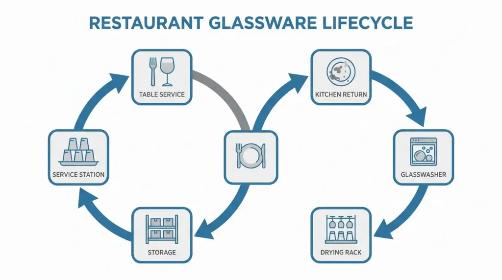 Bulk Glassware for Restaurants: How to Order, Store, and Manage Stock 2 Restaurant glassware operational flow from table to storage cycle