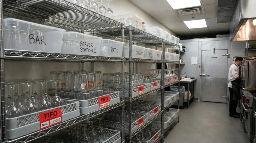 Bulk Glassware for Restaurants: How to Order, Store, and Manage Stock 3 Restaurant glassware storage system organized by service station