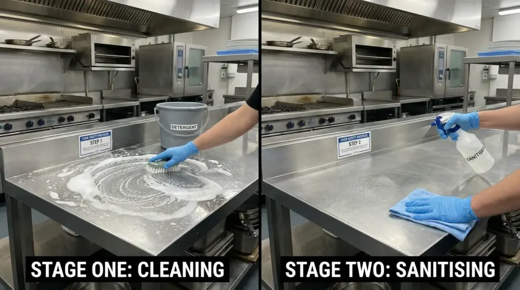 Kitchen staff cleaning and sanitising a food preparation surface