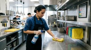 Clean commercial UK restaurant kitchen showing hygiene compliant cleaning process