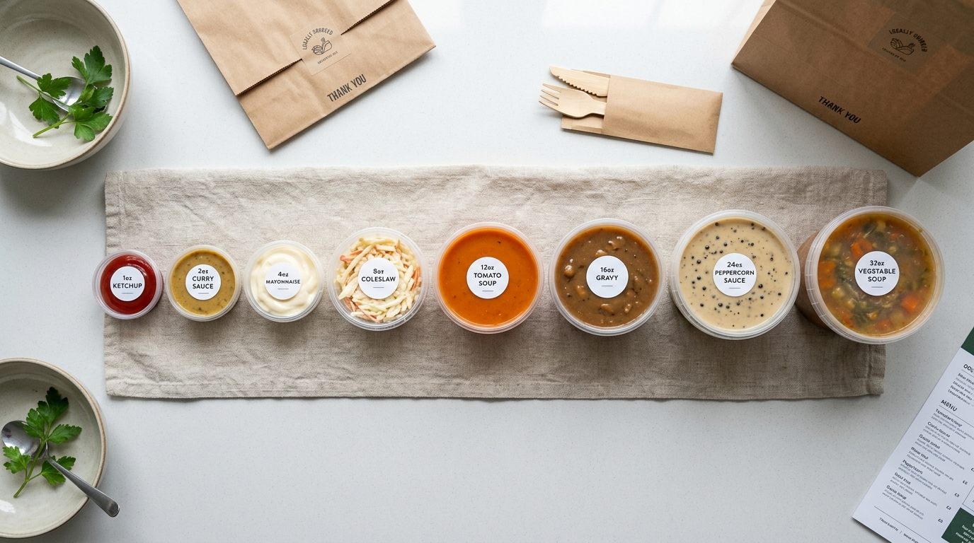 Deli pots and portion pots arranged by size from 1oz to 32oz with different sauces