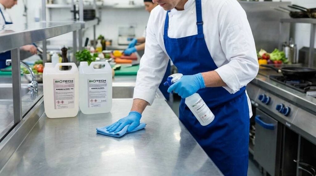 IPA Cleaning Solution in Commercial Kitchens: Uses, Safety and What to Know Before You Buy 1 IPA cleaning solution being used on a commercial kitchen worktop.