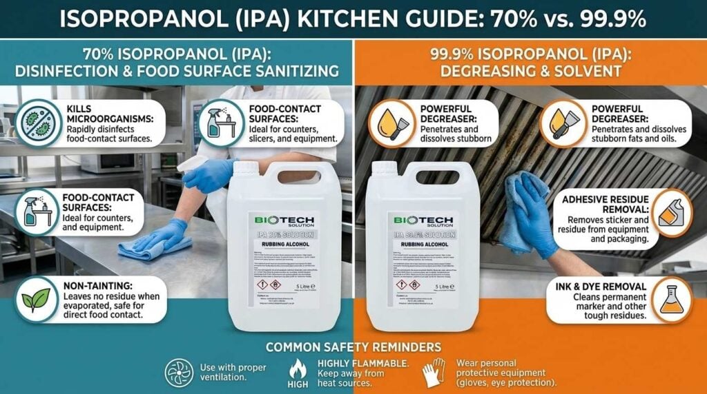 IPA Cleaning Solution in Commercial Kitchens: Uses, Safety and What to Know Before You Buy 2 Comparison between 70% and 99% IPA cleaning solution for commercial kitchens.
