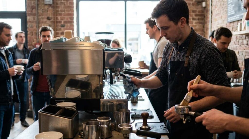 Barista cleaning a commercial espresso machine in a café