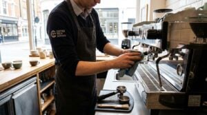 Technician cleaning and maintaining a commercial espresso machine