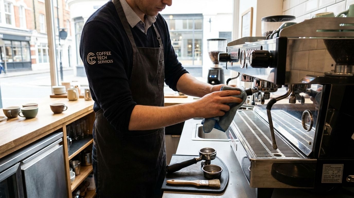 Technician cleaning and maintaining a commercial espresso machine