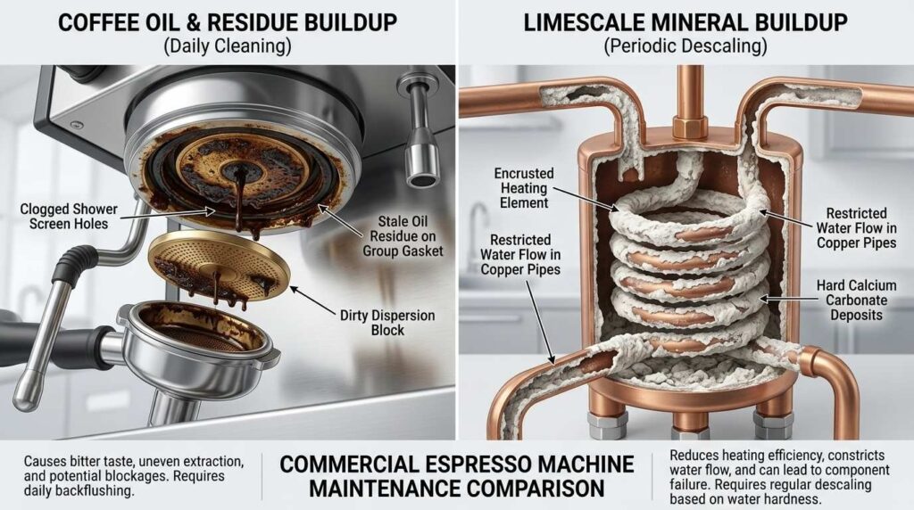 Difference between coffee oil residue and limescale inside a coffee machine