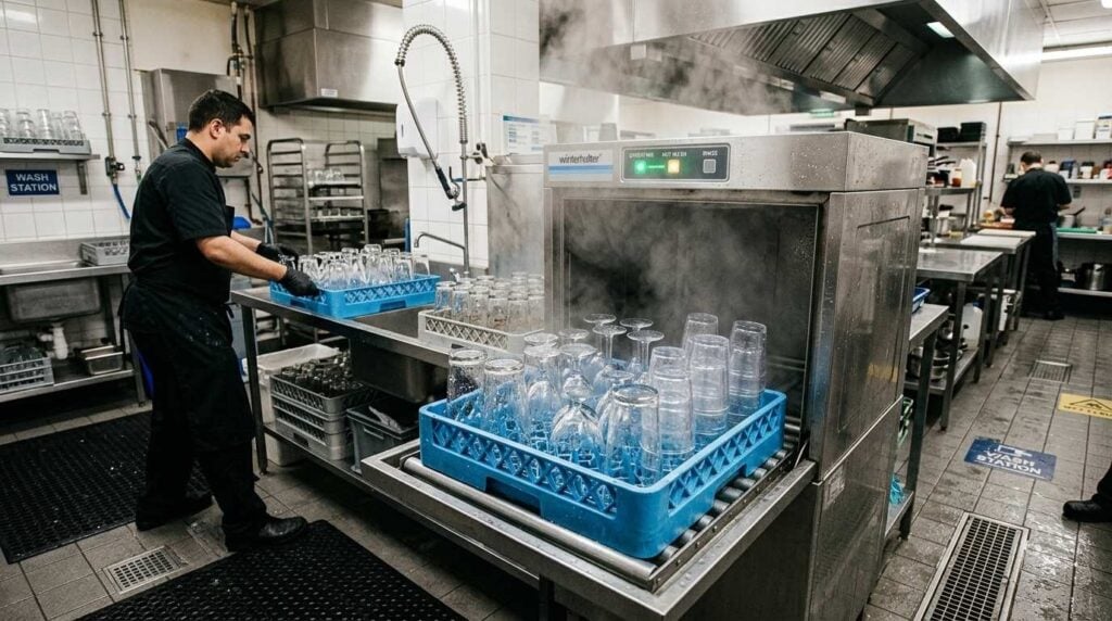 Polycarbonate vs Glass: The Definitive Comparison for Hospitality Venues 3 Commercial glasswasher cleaning reusable polycarbonate glasses