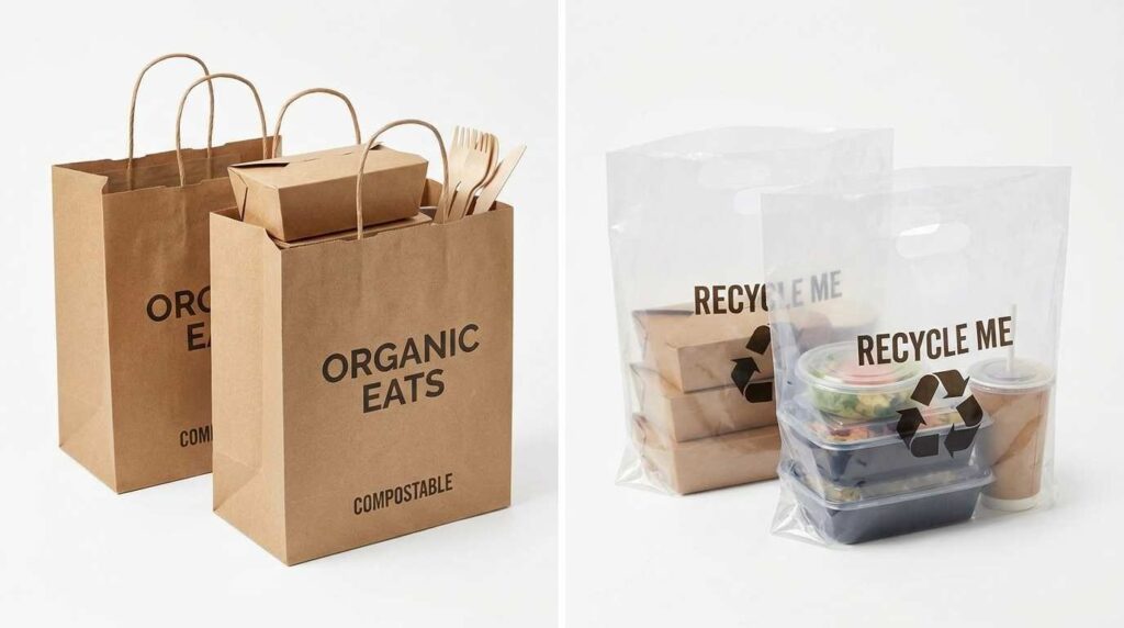 Paper takeaway bags versus plastic takeaway bags
