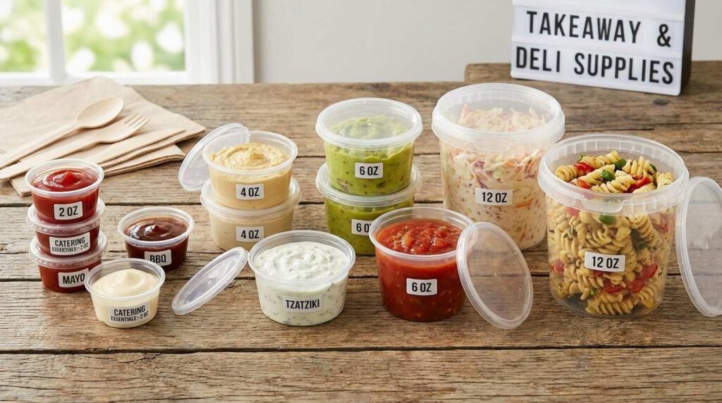 Takeaway sauce pots and deli containers in different sizes