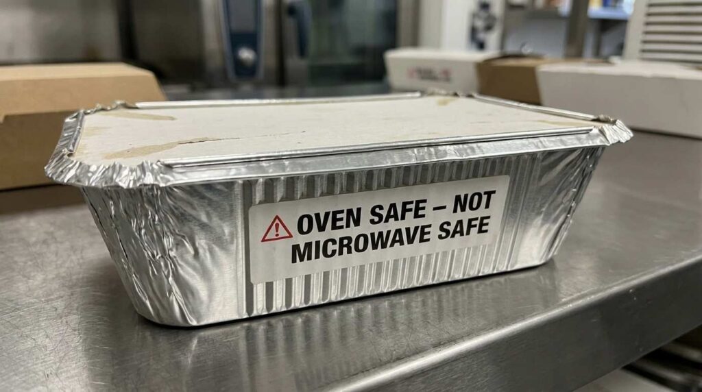 Warning label on aluminium foil container stating not microwave safe