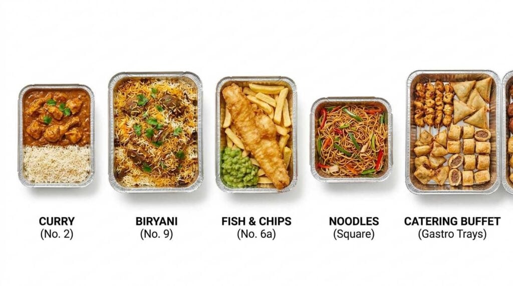 Different aluminium foil containers used for curry, noodles, fish and chips and catering meals