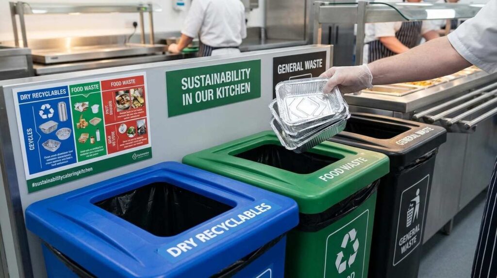 Aluminium foil food containers being sorted into recycling bins