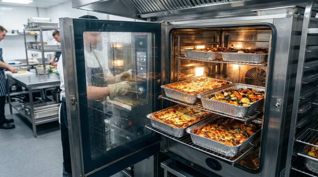 Aluminium foil gastronorm trays being used in a commercial oven