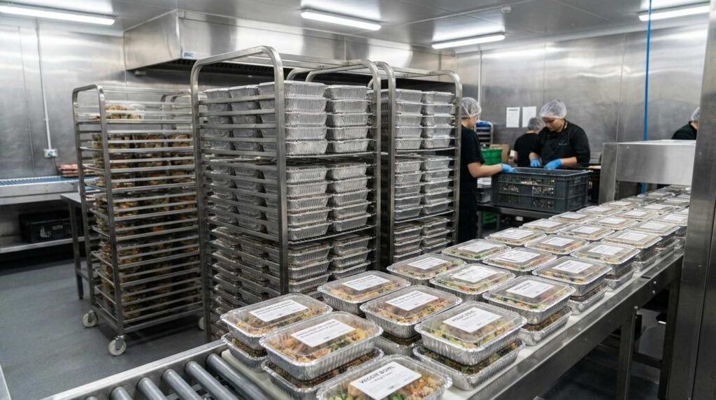 Meal prep food containers sealed with film lids ready for delivery