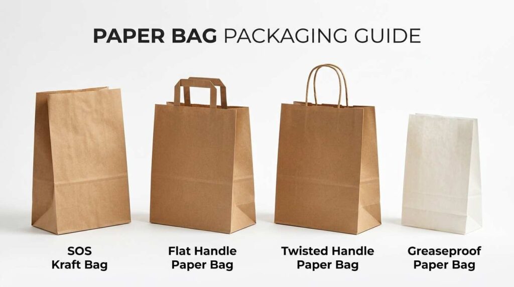 Different types of takeaway bags including SOS, flat handle and twisted handle bags.