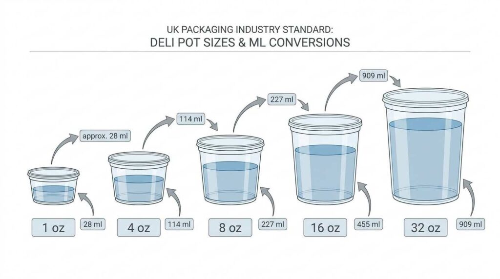 Deli Pots and Portion Pots: Which Sizes Do You Actually Need? 1 Deli pot sizes oz to ml conversion infographic UK guide