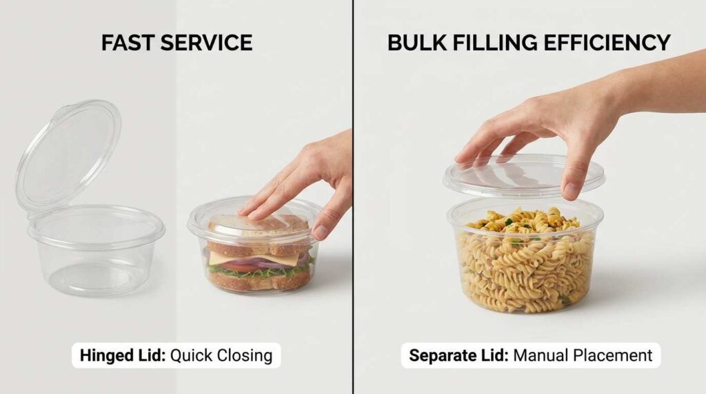 Deli Pots and Portion Pots: Which Sizes Do You Actually Need? 3 Comparison of hinged lid and separate lid deli pots