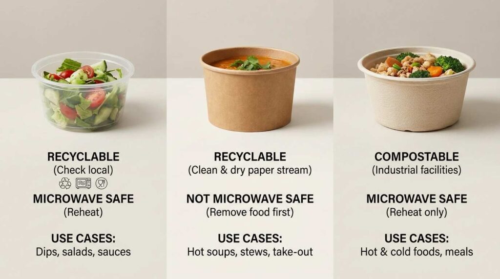 Deli Pots and Portion Pots: Which Sizes Do You Actually Need? 5 Comparison of plastic kraft and compostable deli pots UK