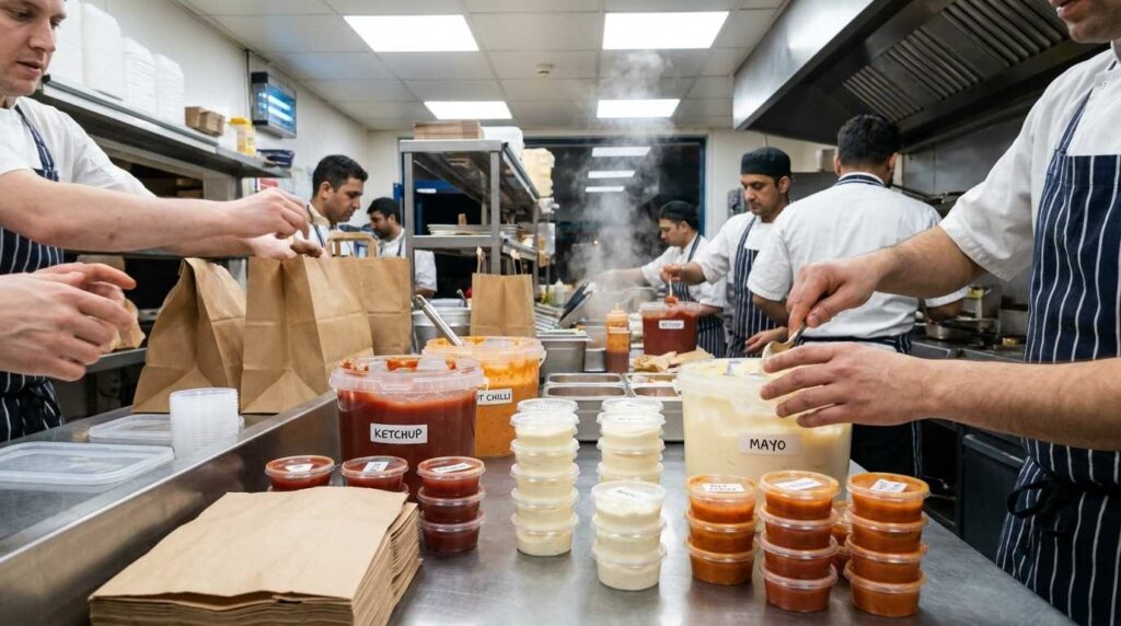 Deli Pots and Portion Pots: Which Sizes Do You Actually Need? 2 UK takeaway kitchen packing 2oz portion pots with sauces