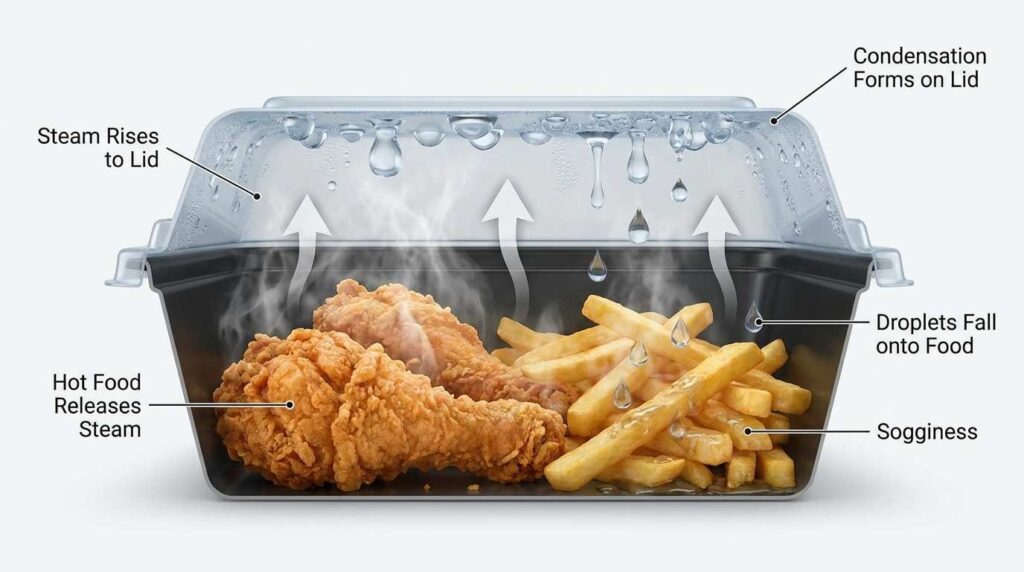 How to Package Hot Food for Delivery Without Losing Quality 1 Steam condensation causing soggy takeaway food in sealed containers