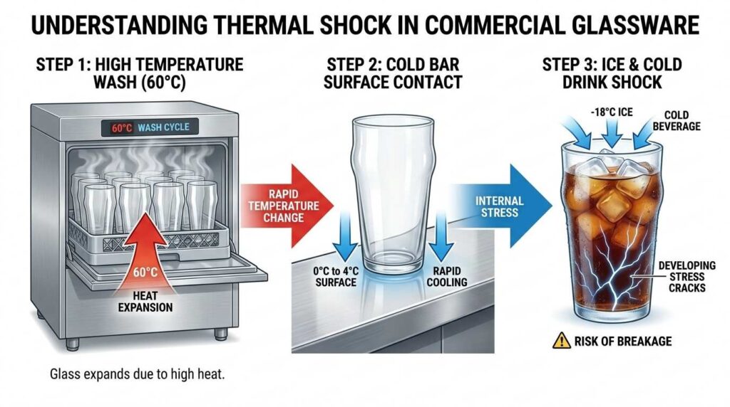 Thermal shock process showing how commercial glassware becomes damaged after a hot wash cycle
