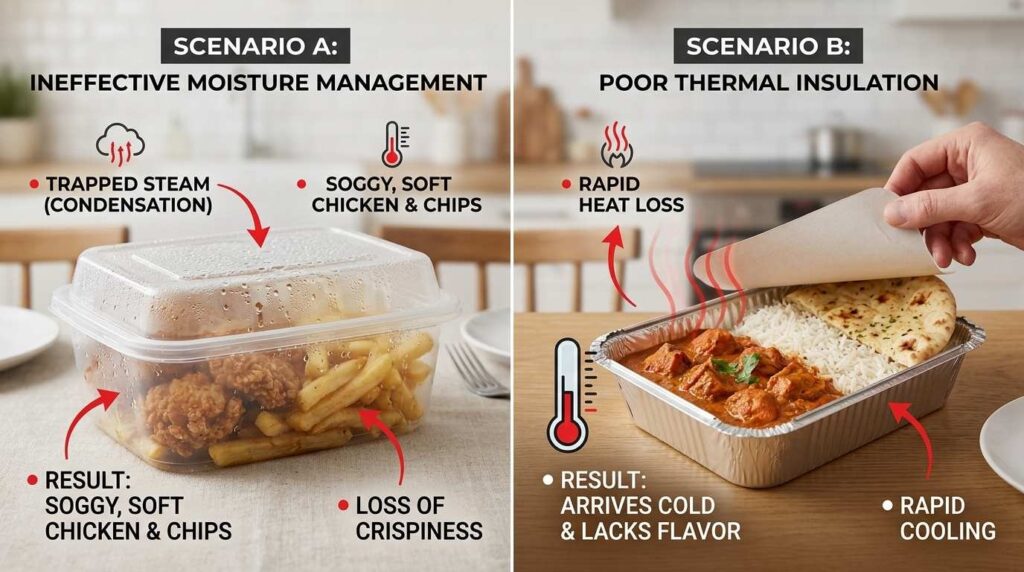 How to Package Hot Food for Delivery Without Losing Quality 2 Soggy fried food and cold curry caused by wrong packaging