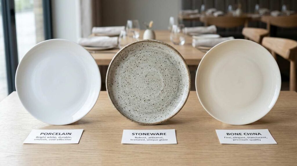 Restaurant Tableware and Crockery: The Complete UK Buyer's Guide (2026) 1 Porcelain vs stoneware vs bone china restaurant tableware comparison