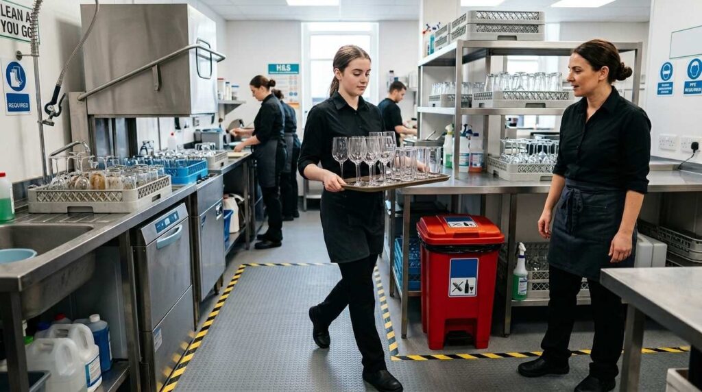 Restaurant employee using correct glass handling and disposal procedures